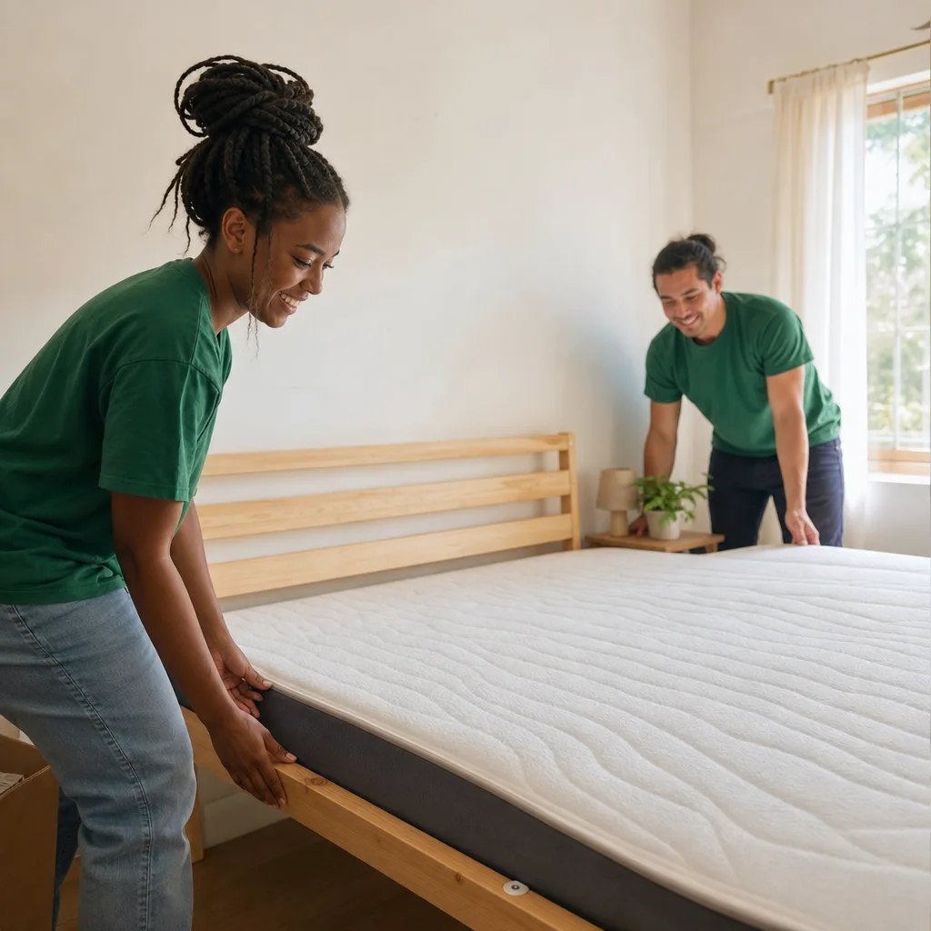 A volunteer setting up a free bed frame in a family's bedroom