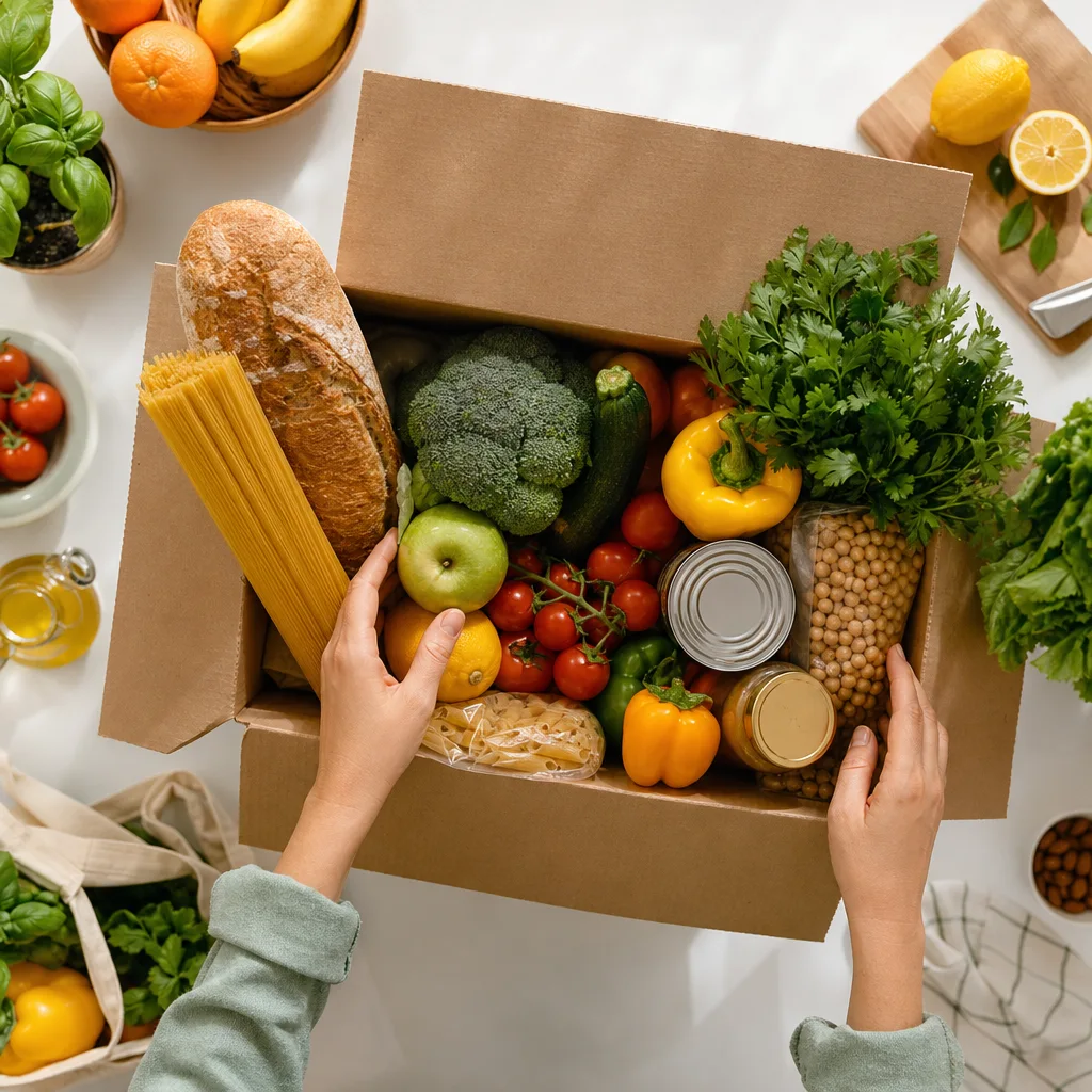 A box of fresh groceries and household essentials ready for local delivery