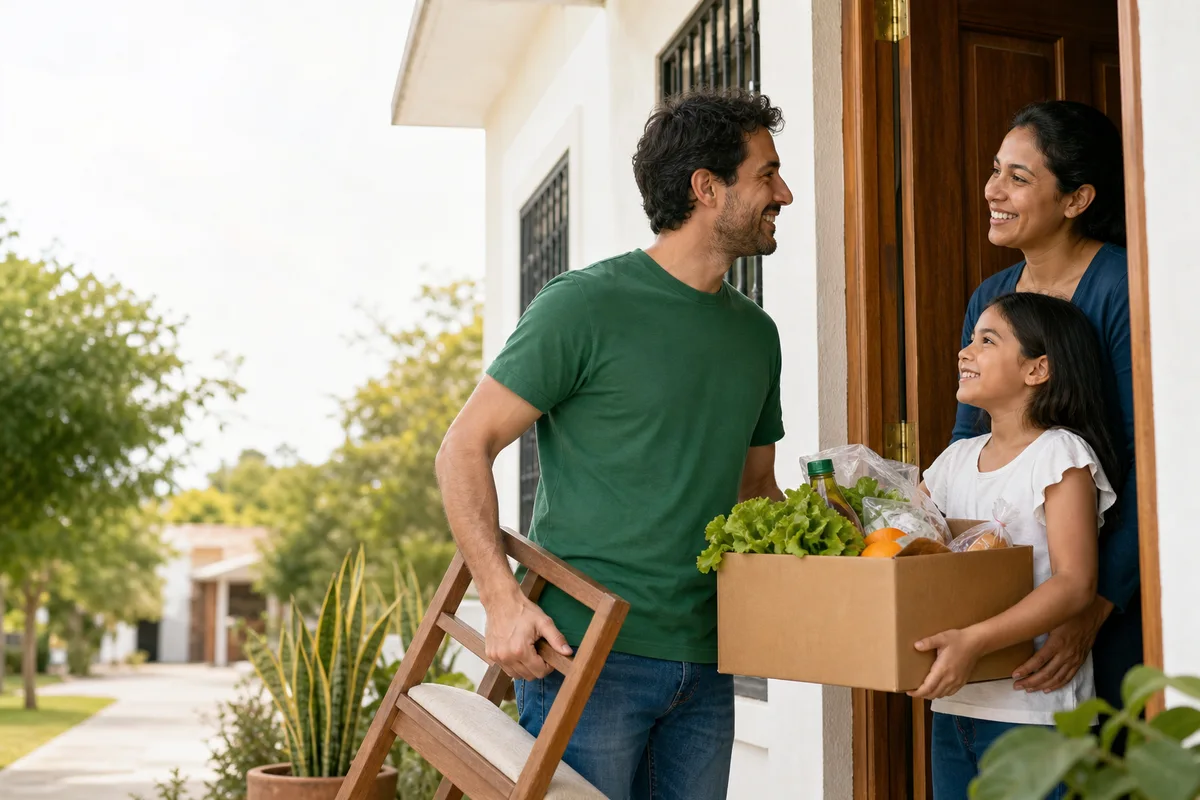 A volunteer delivering free furniture and a grocery box to a family at their front door