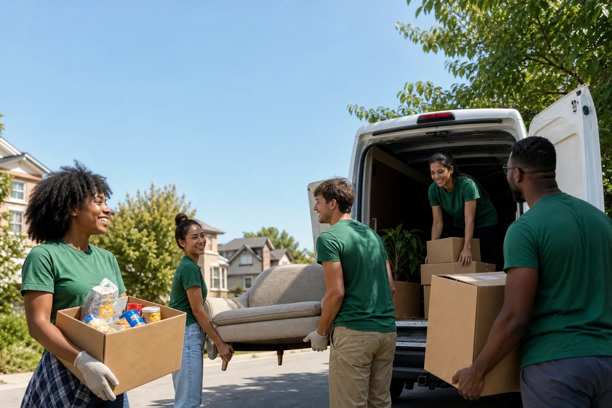 Local volunteer team gathered together after a day of deliveries in the neighborhood
